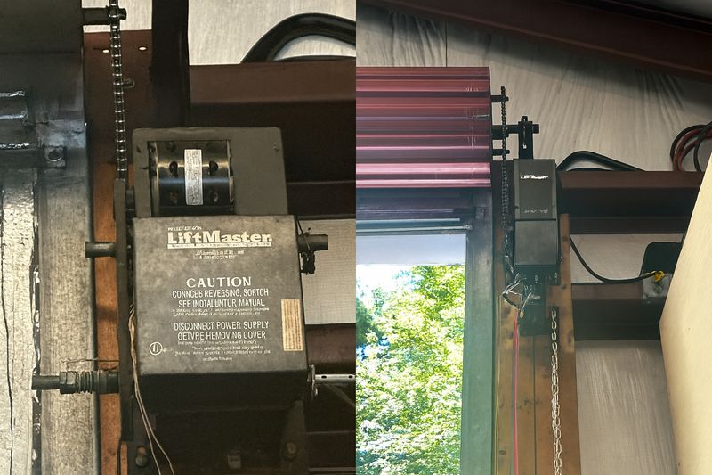 Before and after comparison of LiftMaster opener replacement showing old and new units